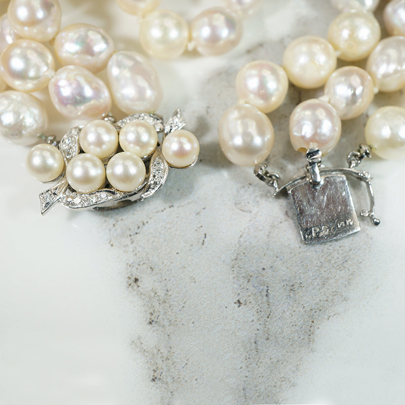 Glamorous Three-Strand Pearl Bracelet with Pearl & Diamond Clasp