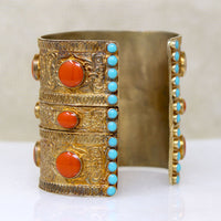 Wide Brass Cuff with Orange & Turquoise Enamel