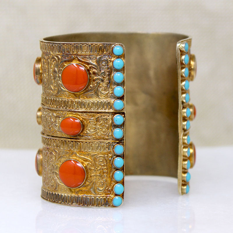 Wide Brass Cuff with Orange & Turquoise Enamel