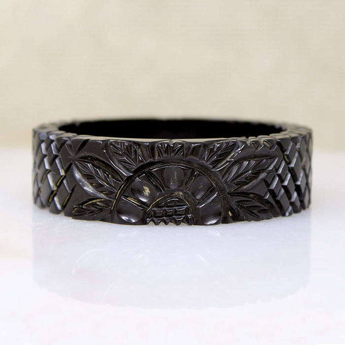 Tropical Motif Carved Black Bakelite Bangle