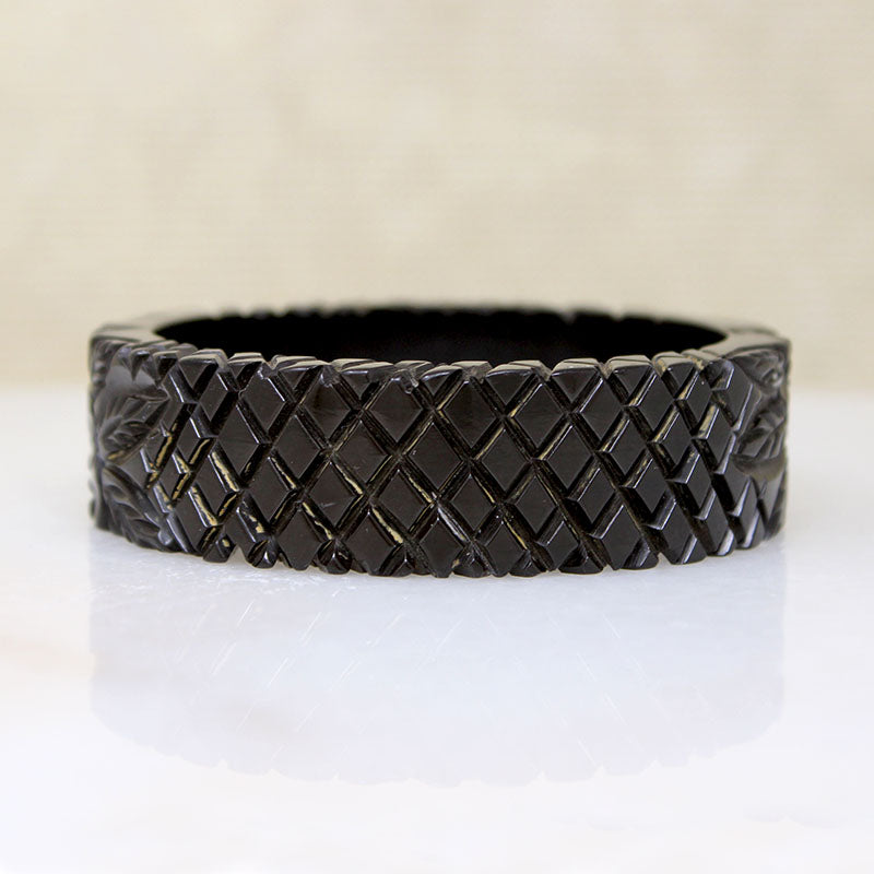 Tropical Motif Carved Black Bakelite Bangle
