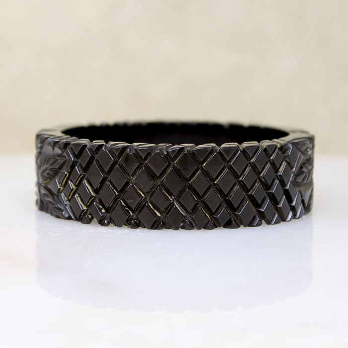 Tropical Motif Carved Black Bakelite Bangle