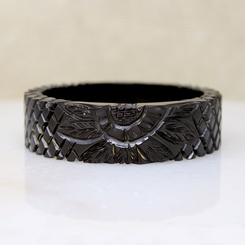 Tropical Motif Carved Black Bakelite Bangle