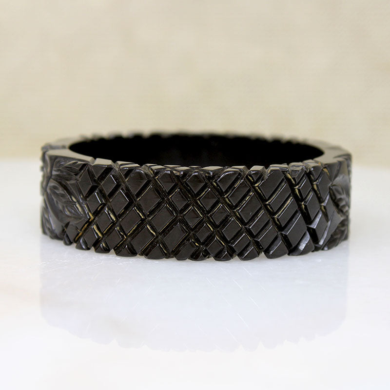 Tropical Motif Carved Black Bakelite Bangle