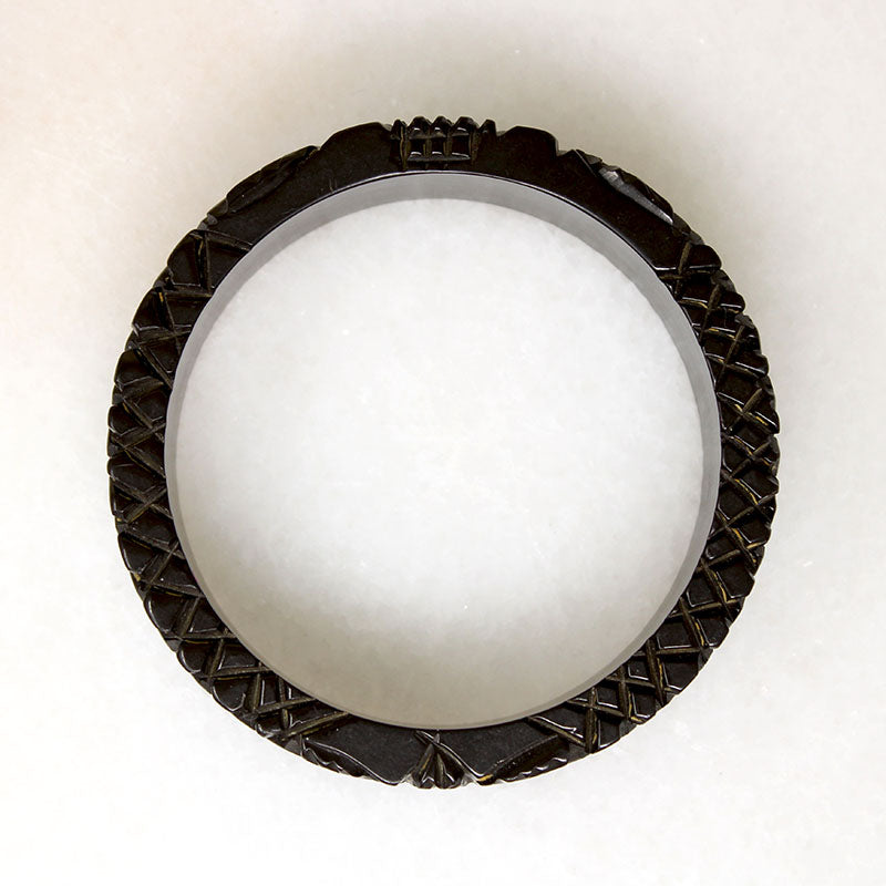 Tropical Motif Carved Black Bakelite Bangle