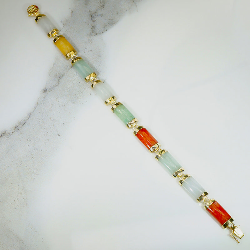 "Good Luck" Multi-Colored Jade & Gold Chinese Bracelet