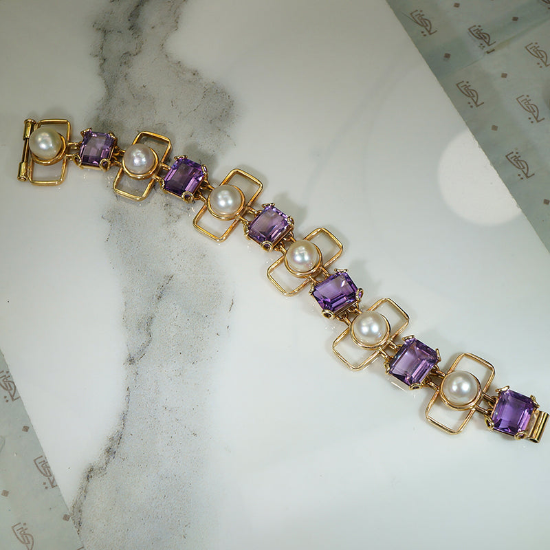 Fantastic 1960s Gold Amethyst and Pearl Bracelet
