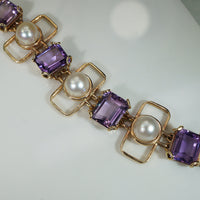 Fantastic 1960s Gold Amethyst and Pearl Bracelet