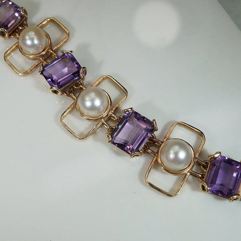 Fantastic 1960s Gold Amethyst and Pearl Bracelet