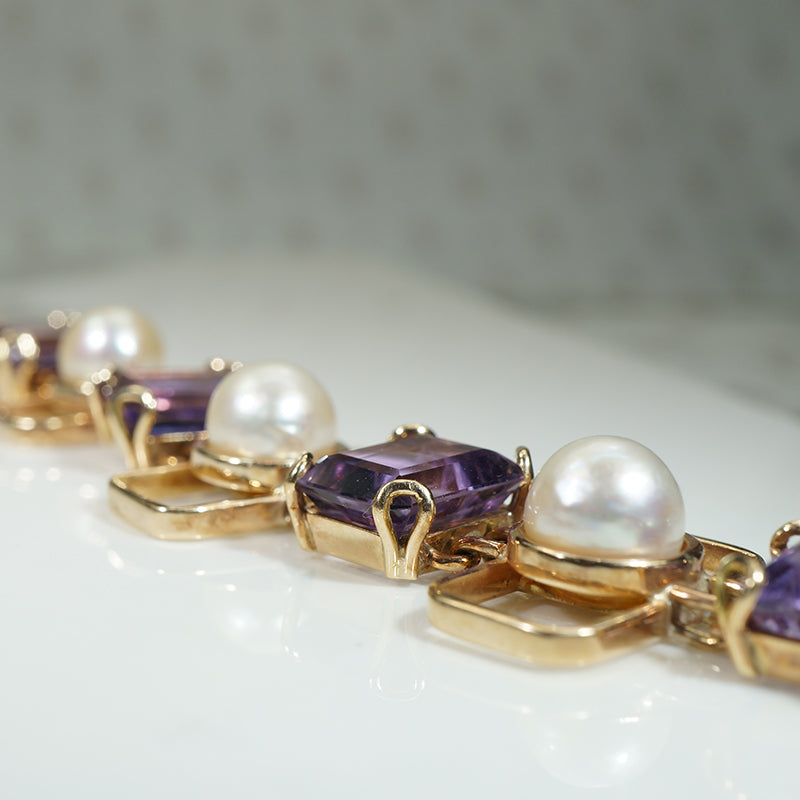 Fantastic 1960s Gold Amethyst and Pearl Bracelet