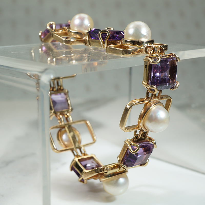 Fantastic 1960s Gold Amethyst and Pearl Bracelet