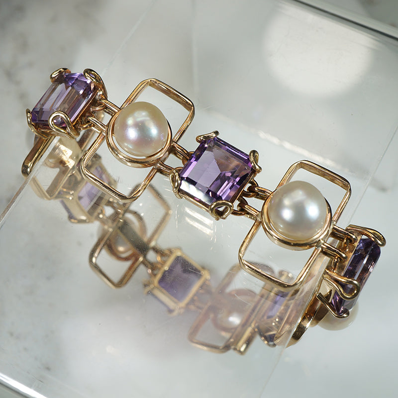 Fantastic 1960s Gold Amethyst and Pearl Bracelet