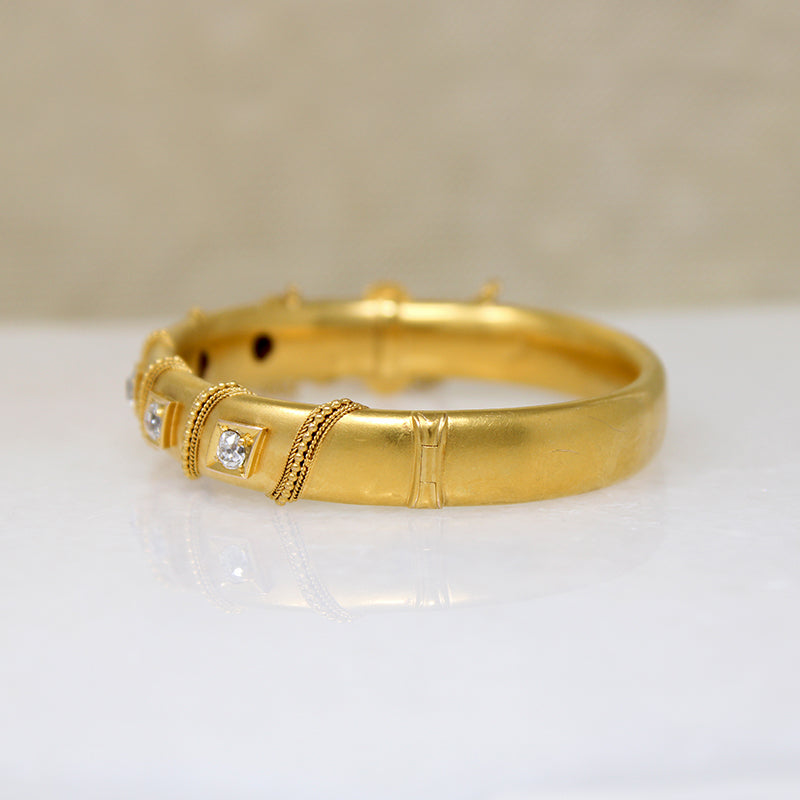 Five Old Mine Cut Diamonds in 14k Gold Victorian Bangle