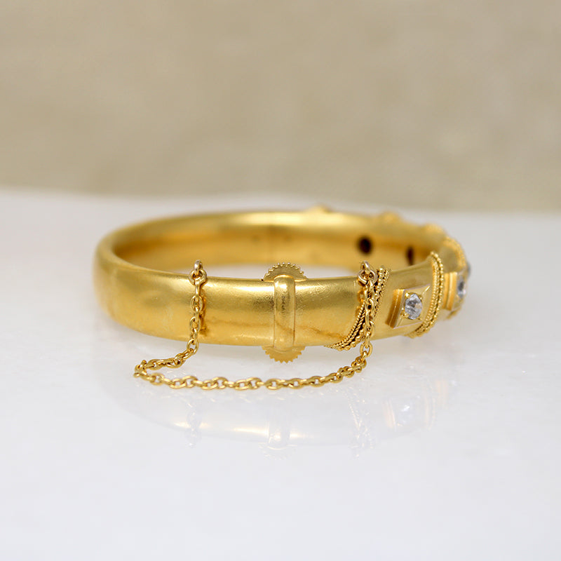 Five Old Mine Cut Diamonds in 14k Gold Victorian Bangle