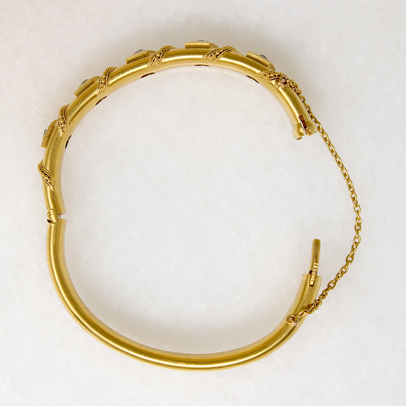 Five Old Mine Cut Diamonds in 14k Gold Victorian Bangle
