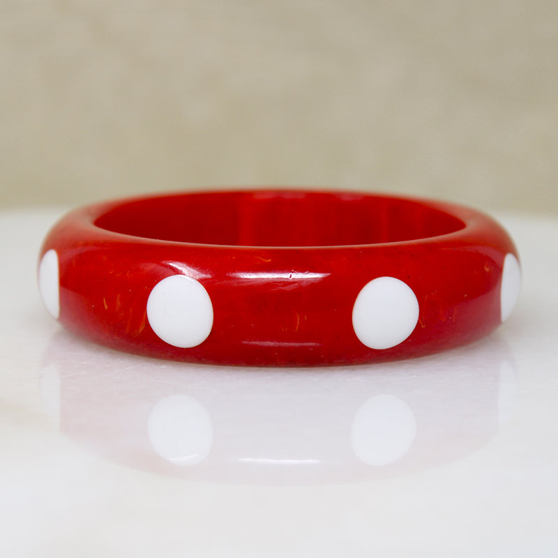 Cherry Red Bakelite Bangle with Big White Polka Dots