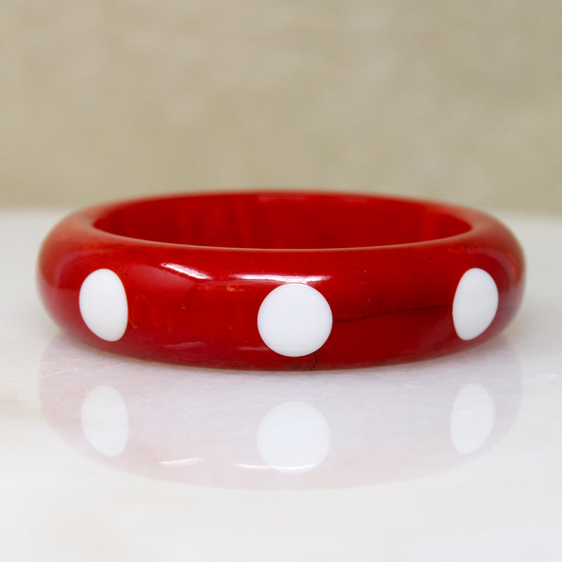Cherry Red Bakelite Bangle with Big White Polka Dots