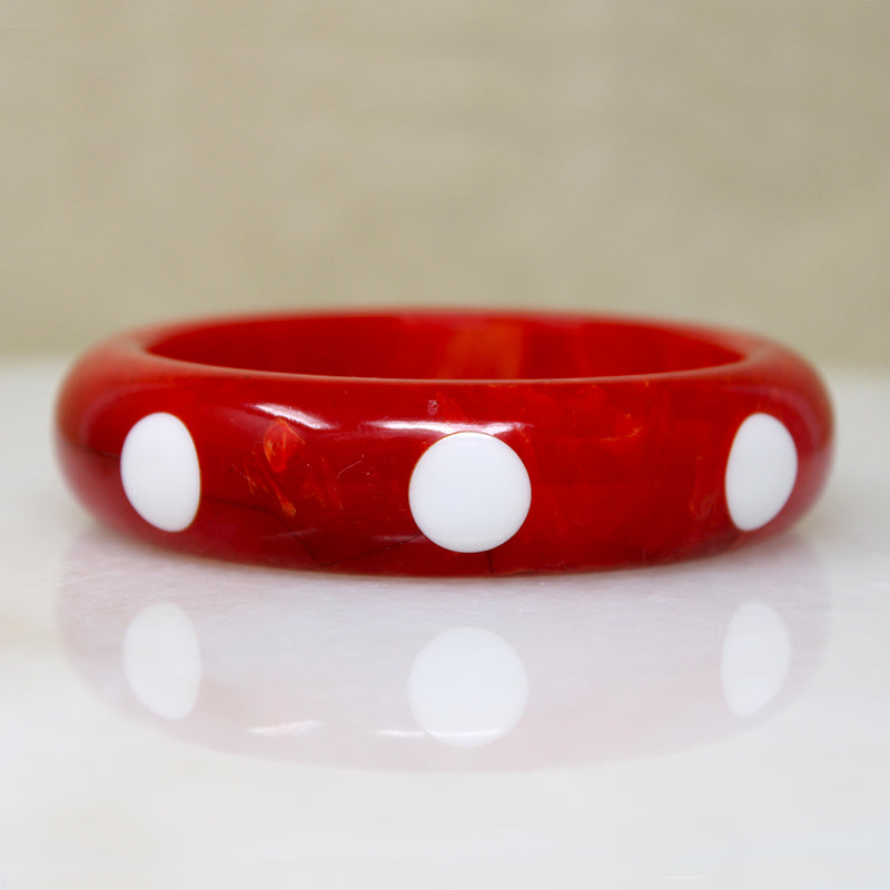 Cherry Red Bakelite Bangle with Big White Polka Dots