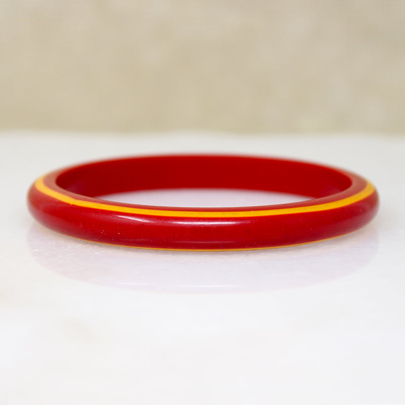 Bright Red Bakelite Bangle with Racy Yellow Stripe