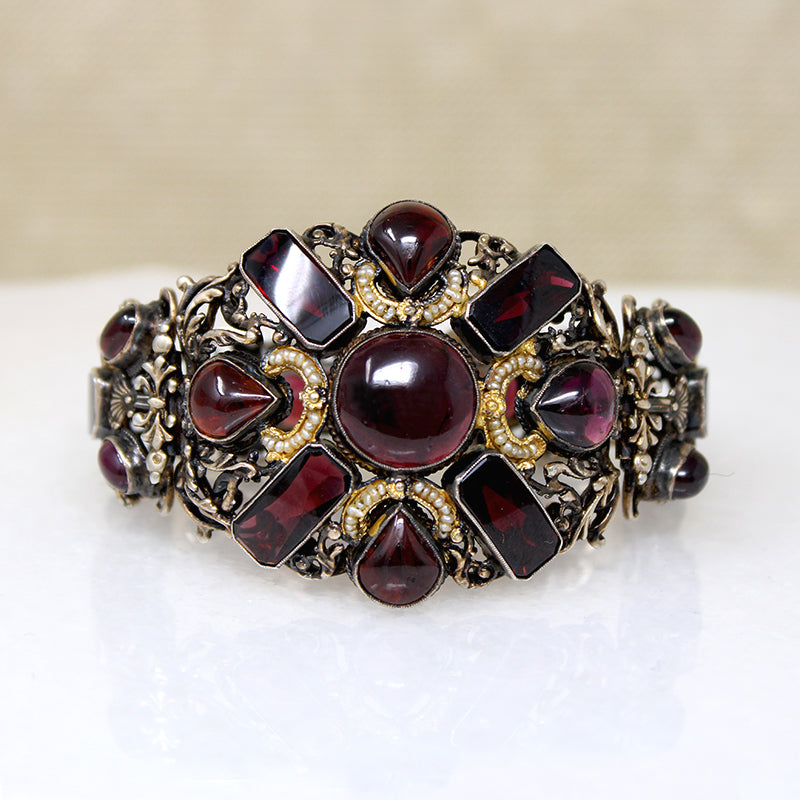 Opulent Garnet & Silver Gilt Bracelet with Pearl Accents