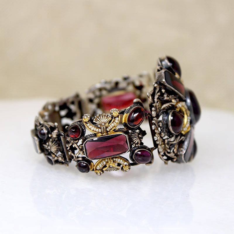 Opulent Garnet & Silver Gilt Bracelet with Pearl Accents