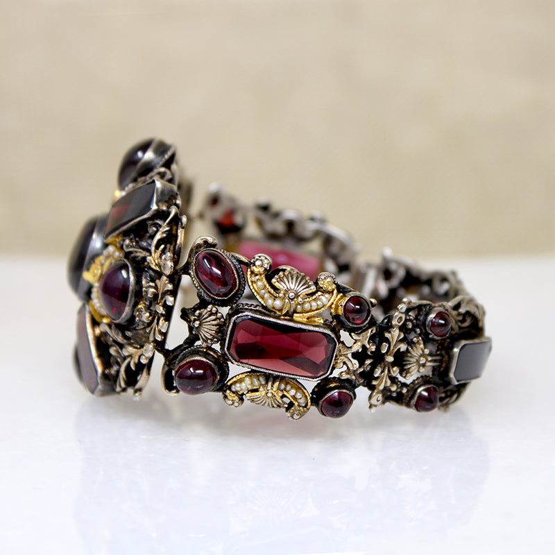 Opulent Garnet & Silver Gilt Bracelet with Pearl Accents