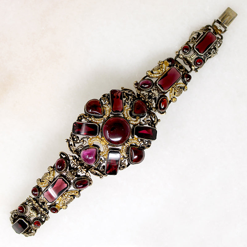 Opulent Garnet & Silver Gilt Bracelet with Pearl Accents