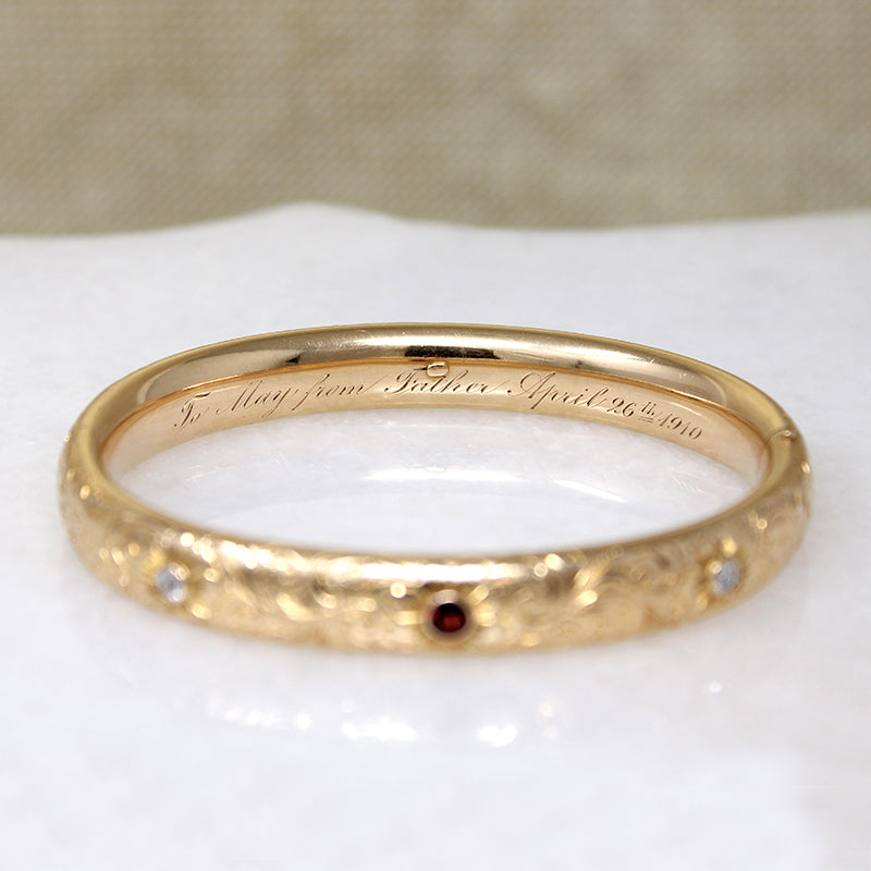 May's Gem Set Engraved Gold Bangle