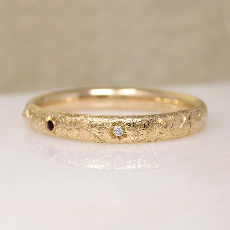 May's Gem Set Engraved Gold Bangle