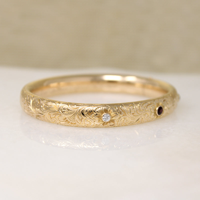 May's Gem Set Engraved Gold Bangle