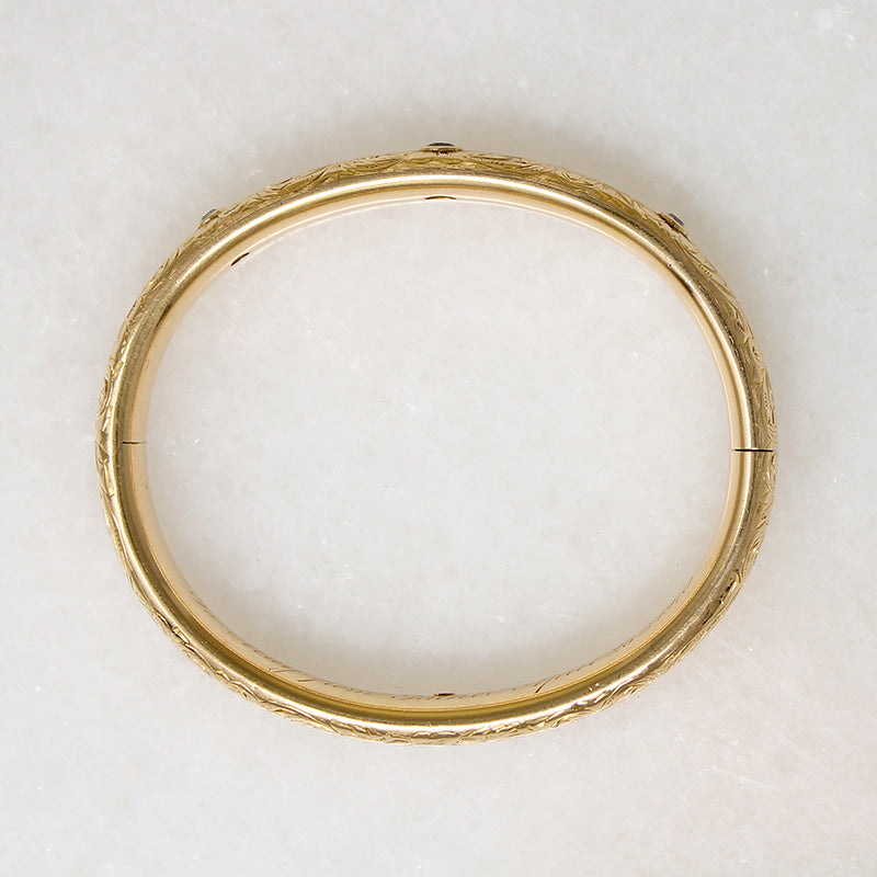 May's Gem Set Engraved Gold Bangle