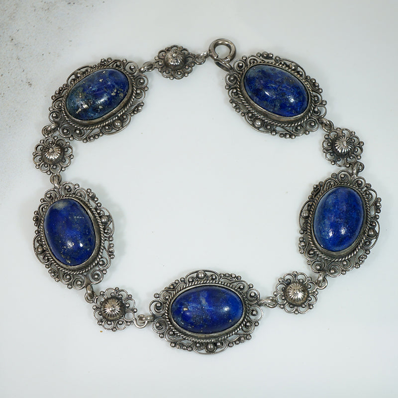 Sterling Filigree Lapis Bracelet c1910