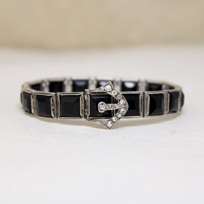 Diamonbar Sterling & Black Glass Buckle Bracelet