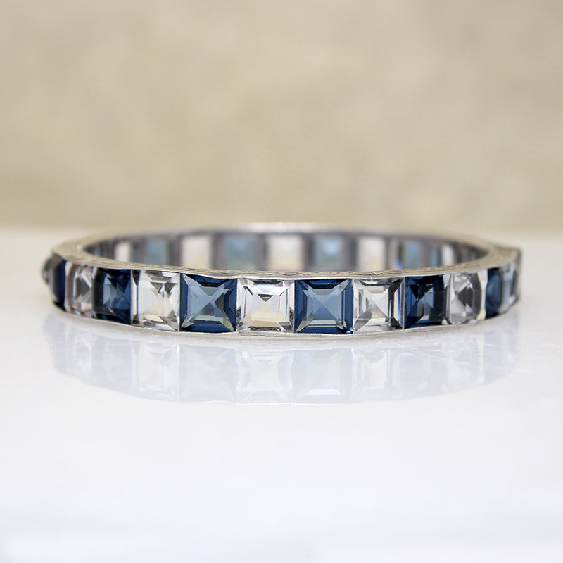Crisp Blue & White Crystals in Sterling Art Deco Bangle