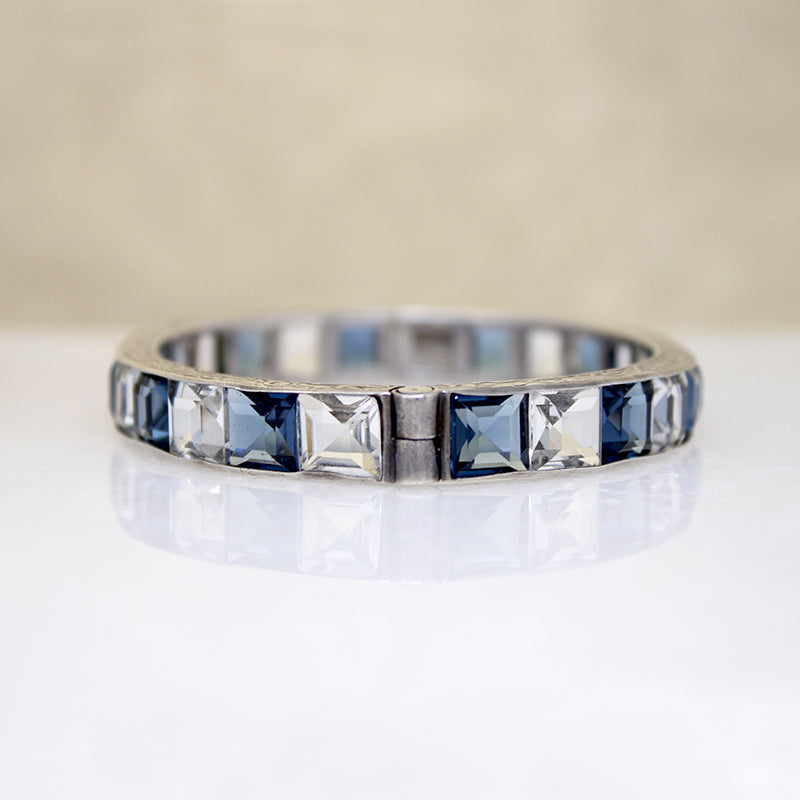 Crisp Blue & White Crystals in Sterling Art Deco Bangle