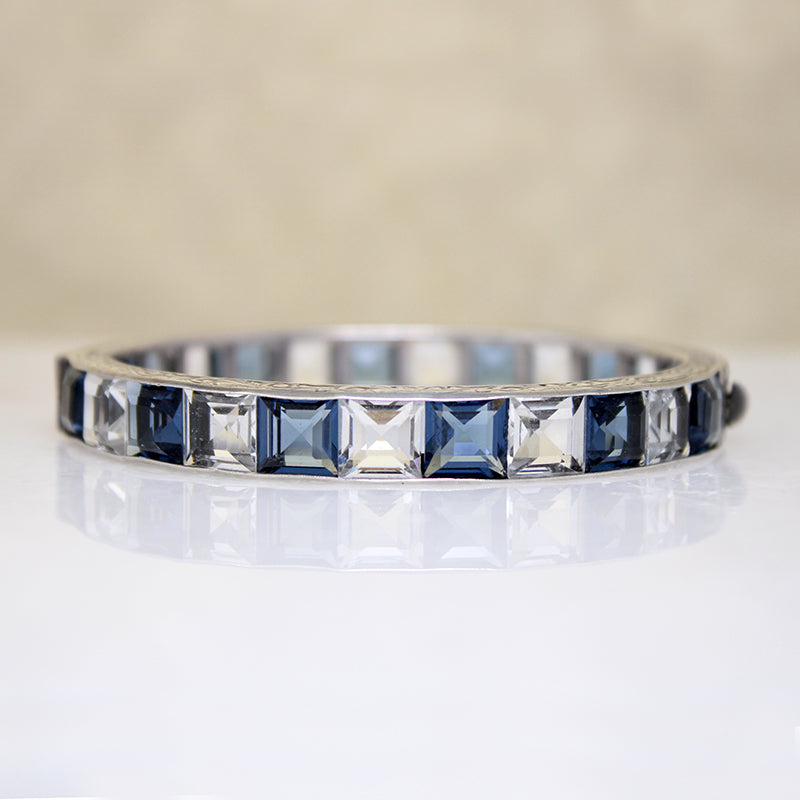 Crisp Blue & White Crystals in Sterling Art Deco Bangle