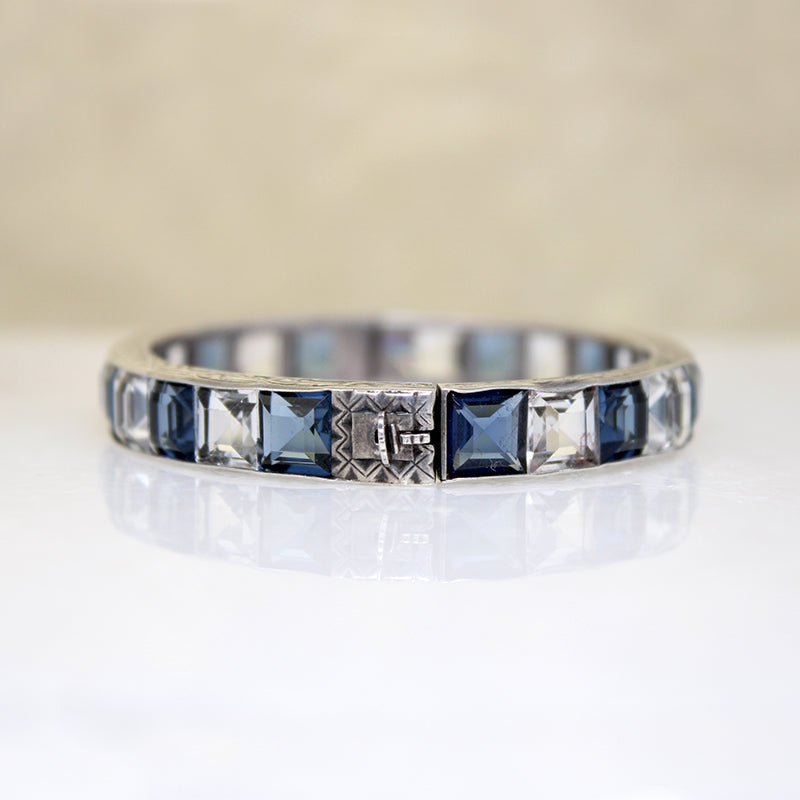 Crisp Blue & White Crystals in Sterling Art Deco Bangle