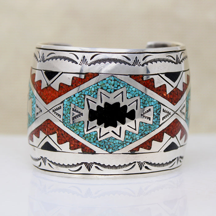 Wide Sterling SIlver Cuff bracelet with Colorful Inlay
