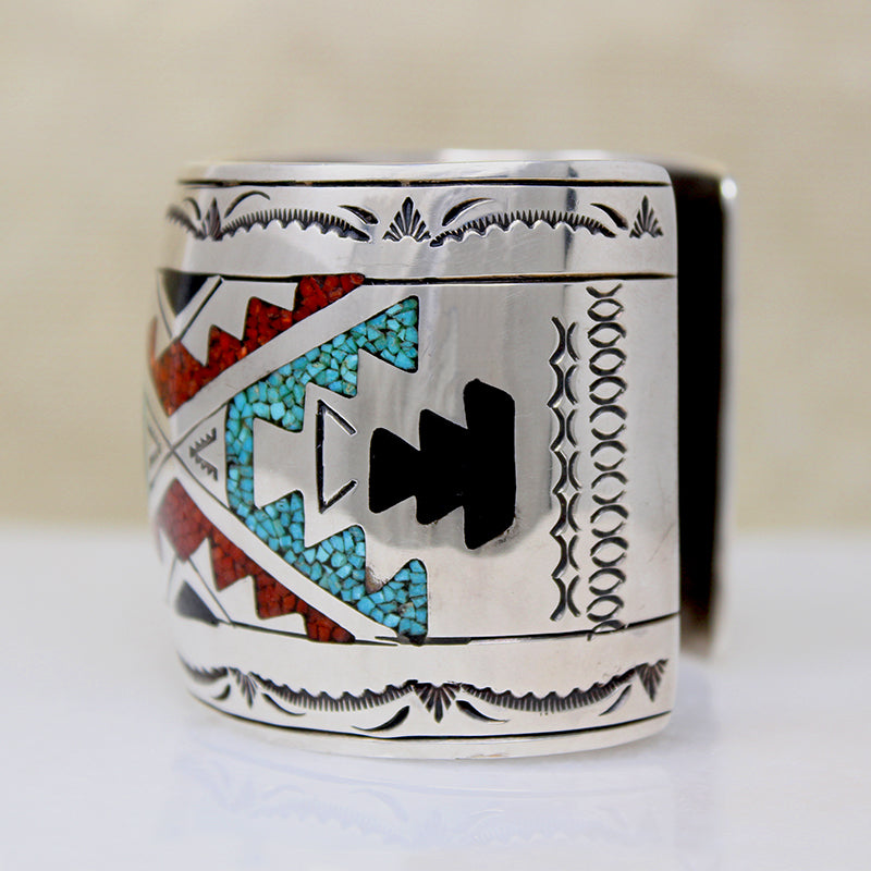 Wide Sterling SIlver Cuff bracelet with Colorful Inlay