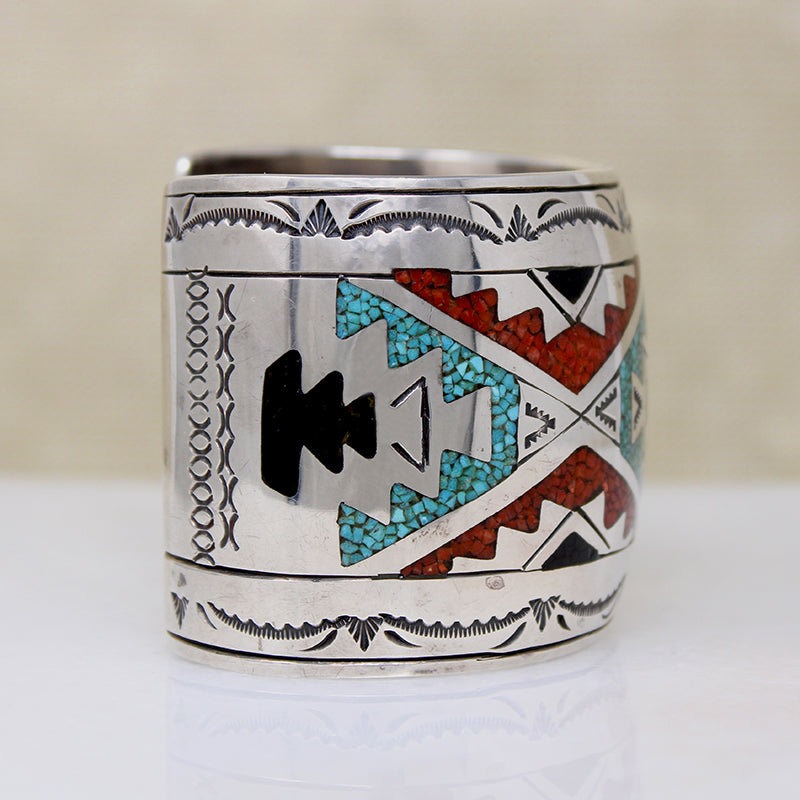 Wide Sterling Silver Cuff bracelet with Colorful Inlay