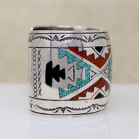 Wide Sterling Silver Cuff bracelet with Colorful Inlay