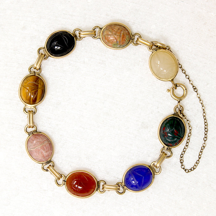 Carved Scarabs in Mid Century Gold Fill Bracelet