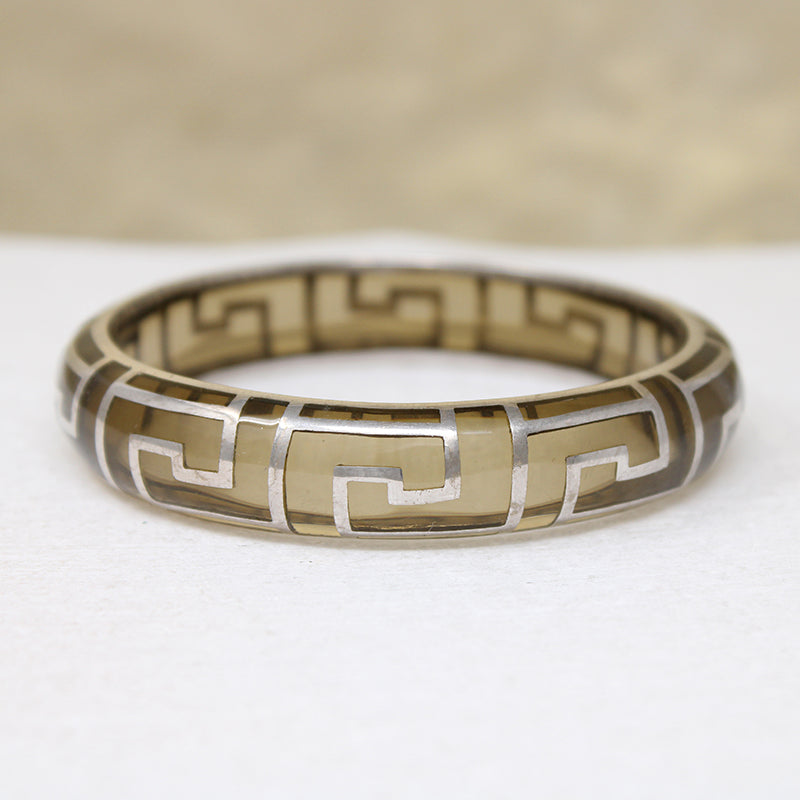 Chic Smoky Glass Bangle with Silver Meander Overlay