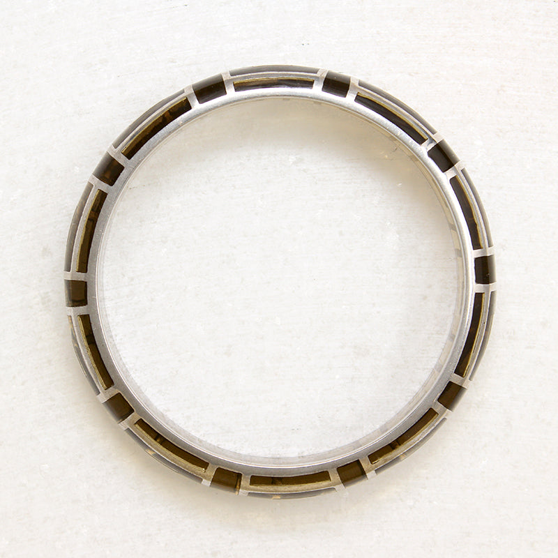 Chic Smoky Glass Bangle with Silver Meander Overlay