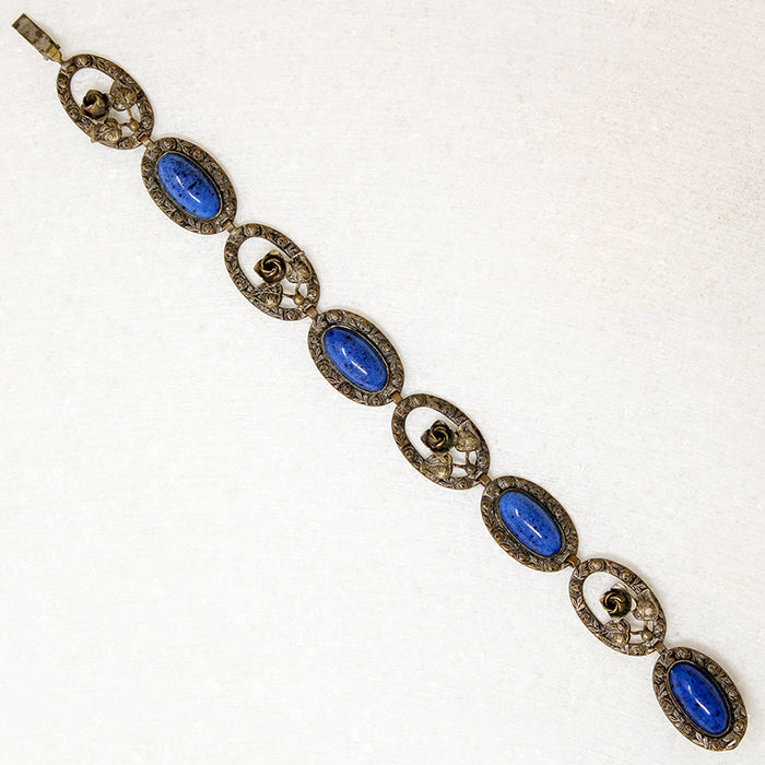 Moody Blue Glass & Brass Floral Bracelet