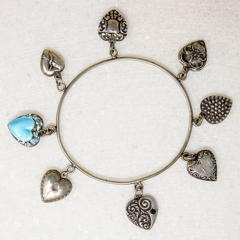 Sterling Bangle with Collection of Heart Charms