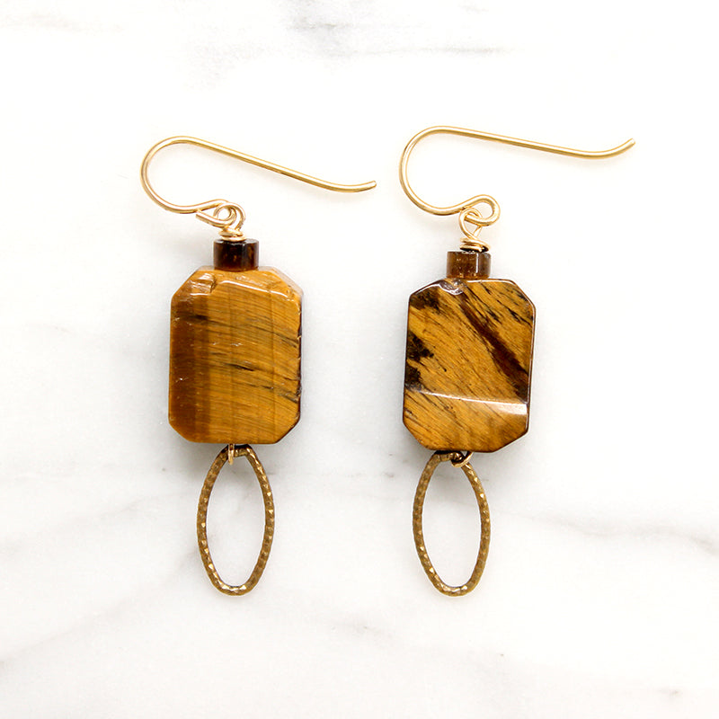 Sculptural Brass & Tiger's Eye Earrings by Brin