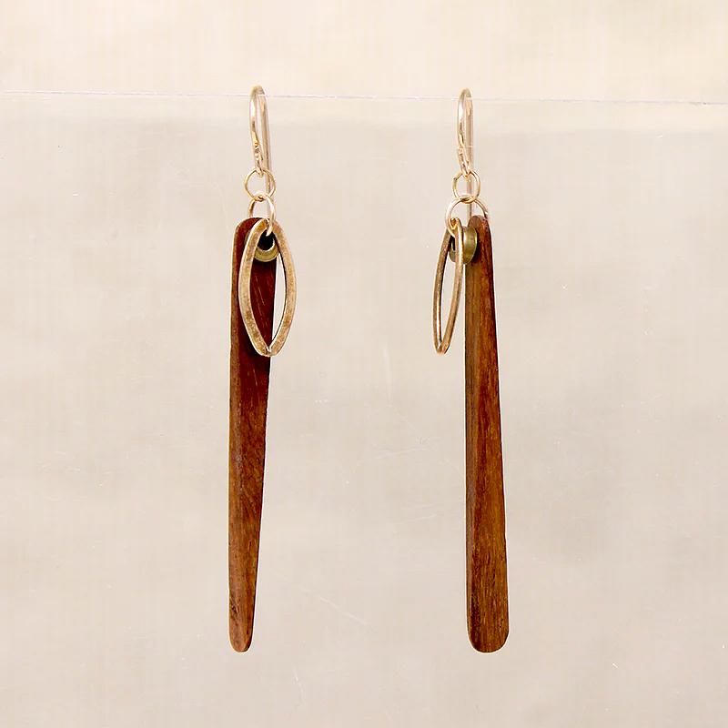 Elegant Wood & Vintage Brass Earrings by Brin