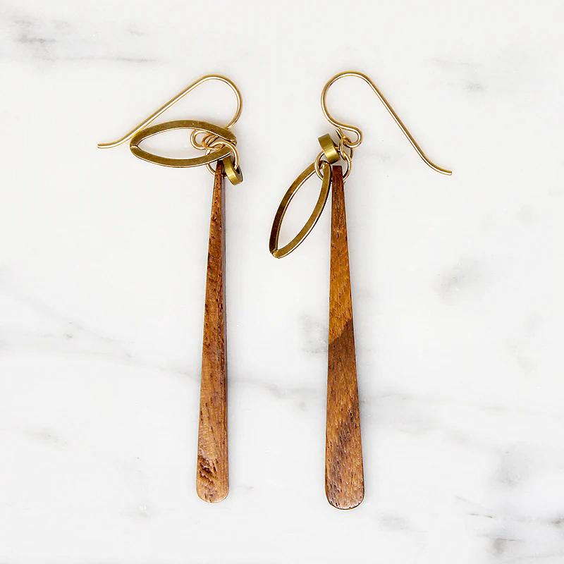Elegant Wood & Vintage Brass Earrings by Brin