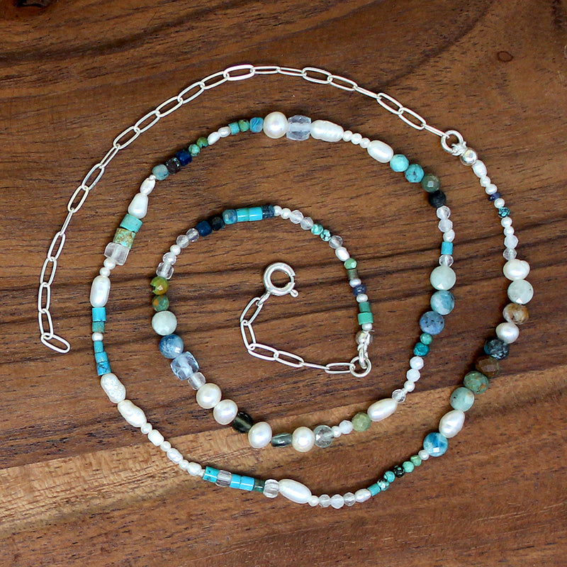Dreamy Pearl & Blue Gemstone Bead Necklace by Brin